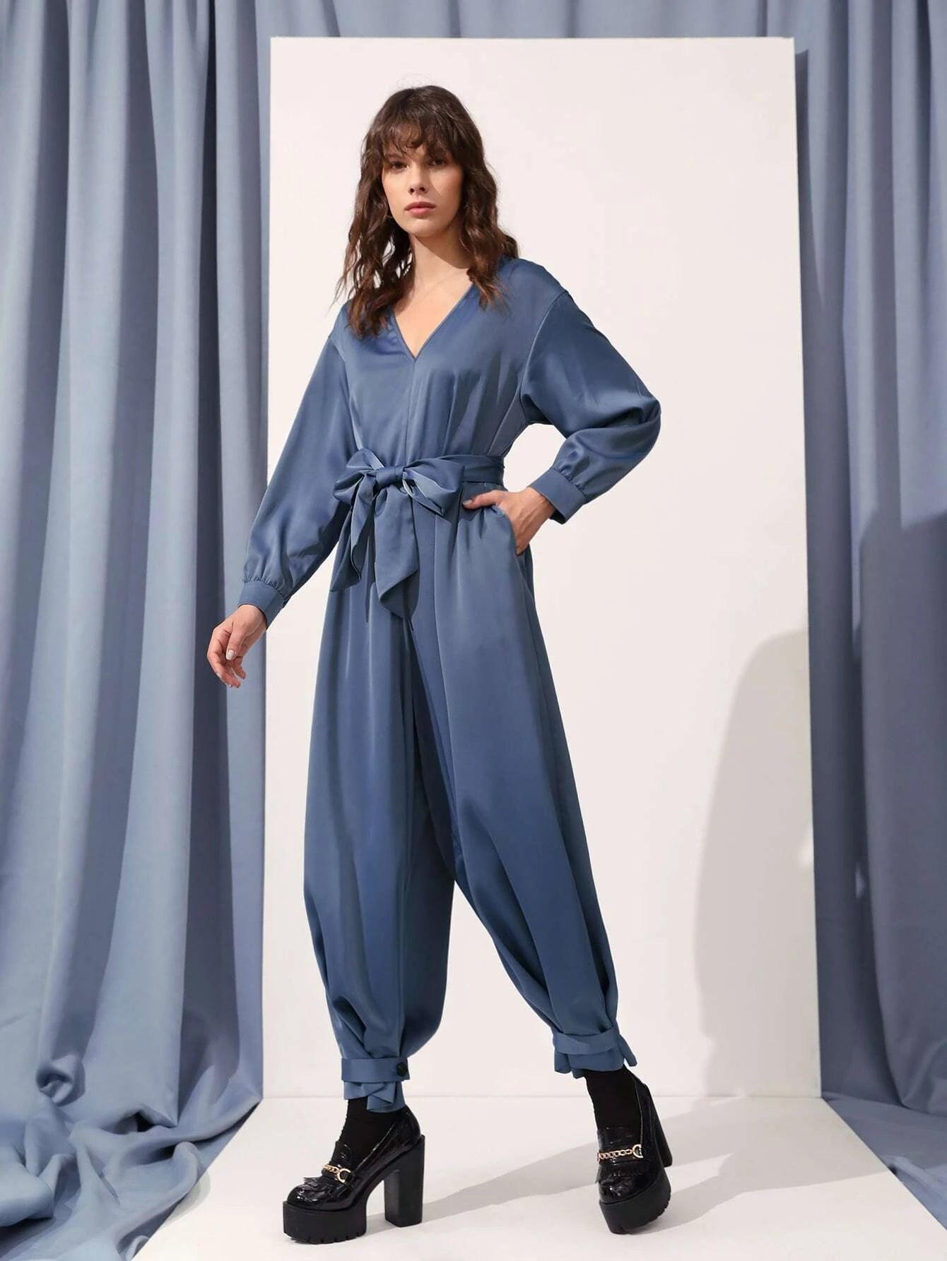 Hidden Pocket Knot Hem Belted Jumpsuit-Comfy Jumpsuits