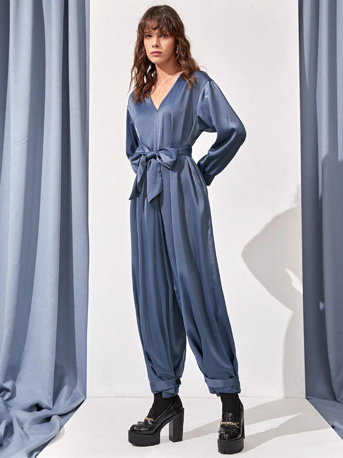 Hidden Pocket Knot Hem Belted Jumpsuit-Comfy Jumpsuits