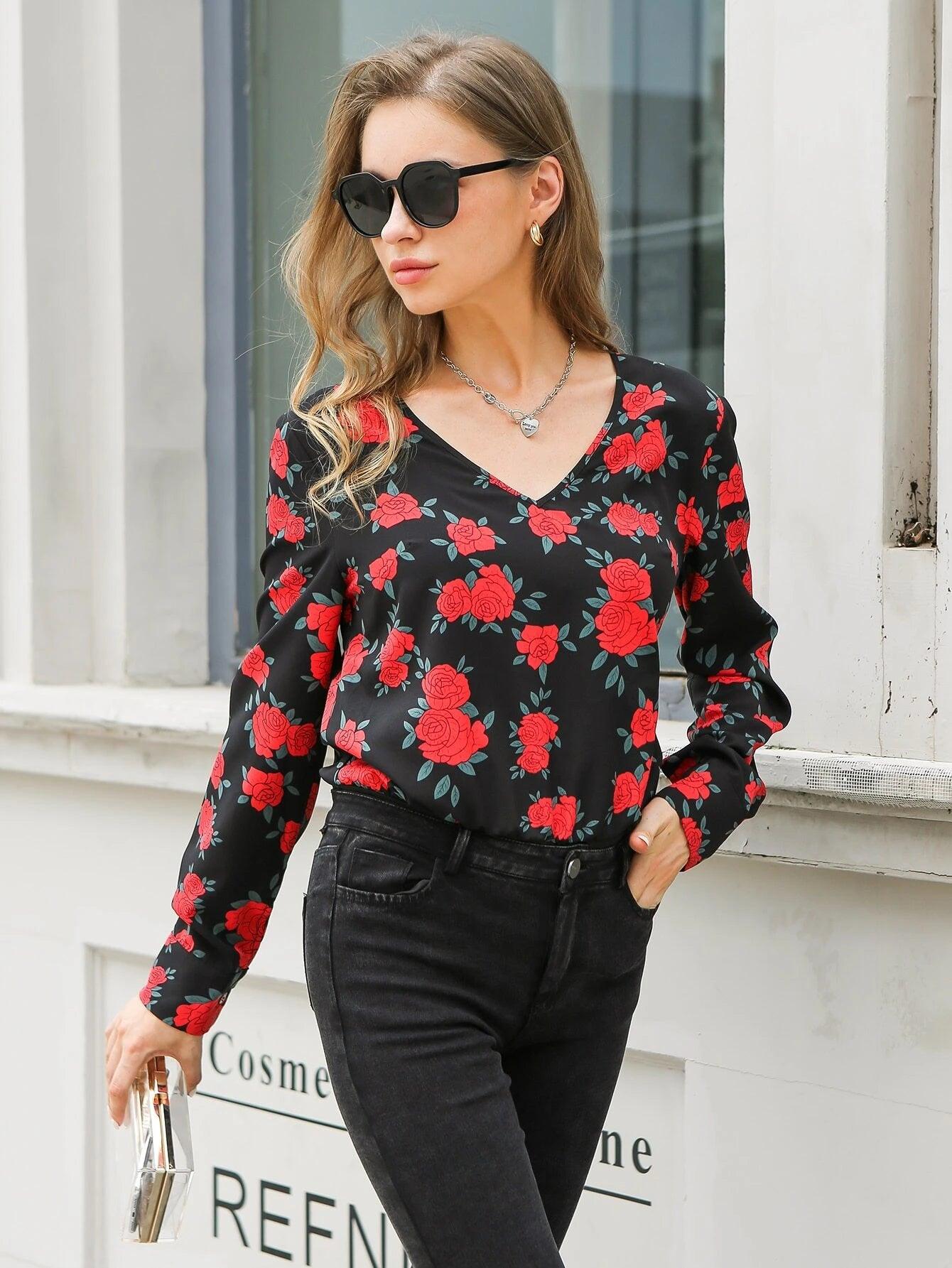 Allover Floral Print V-Neck Bodysuit-Comfy Jumpsuits