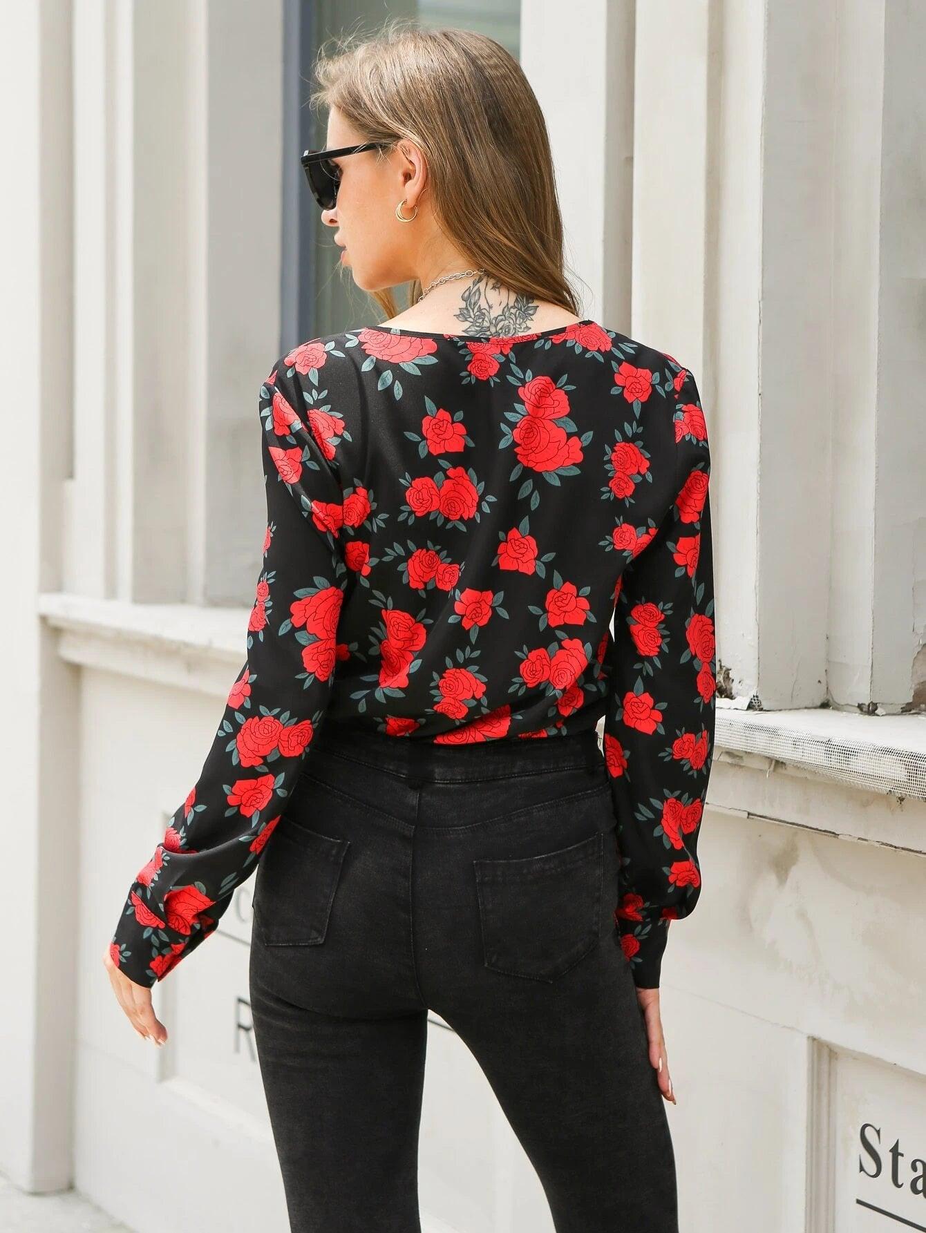 Allover Floral Print V-Neck Bodysuit-Comfy Jumpsuits