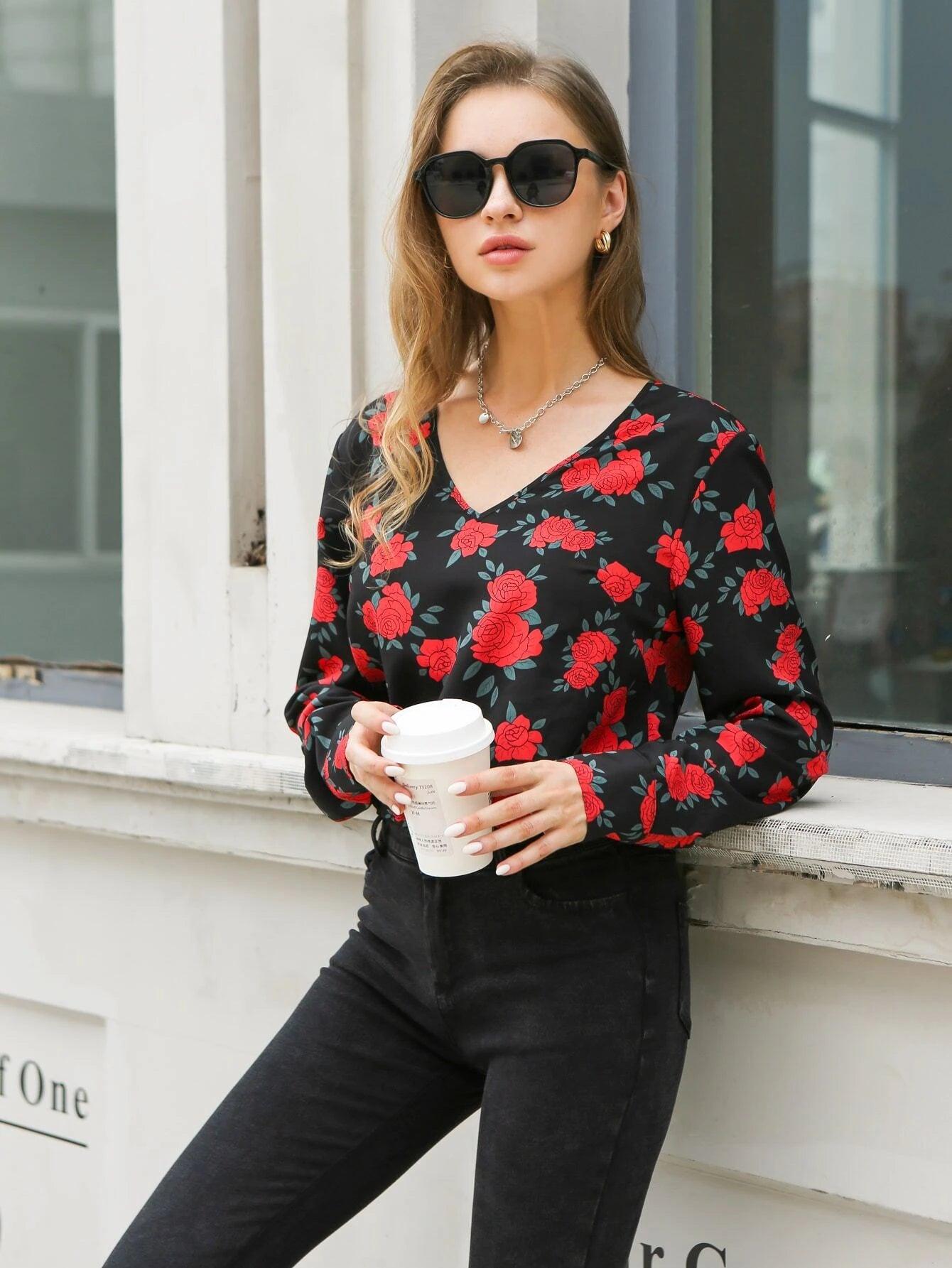 Allover Floral Print V-Neck Bodysuit-Comfy Jumpsuits