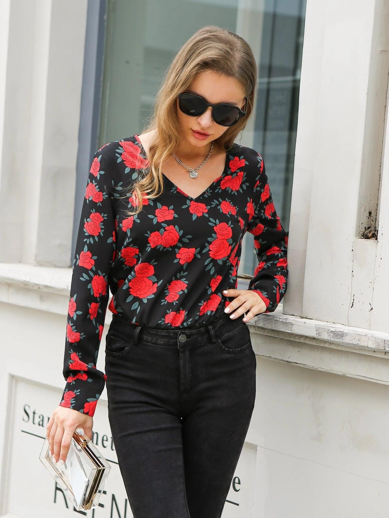 Allover Floral Print V-Neck Bodysuit-Comfy Jumpsuits