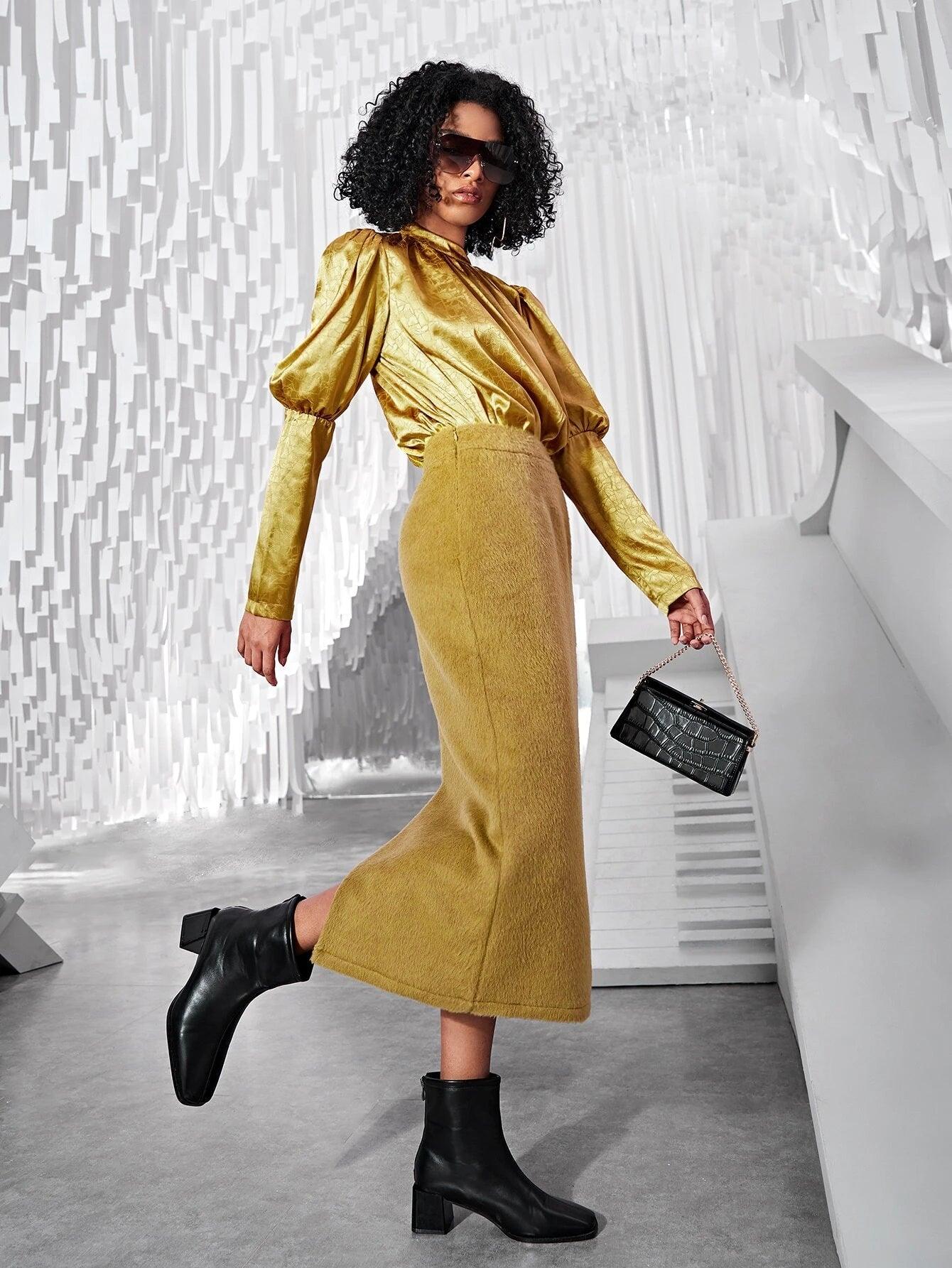 Jacquard Mock Neck Gigot Sleeve Satin Bodysuit-Comfy Jumpsuits