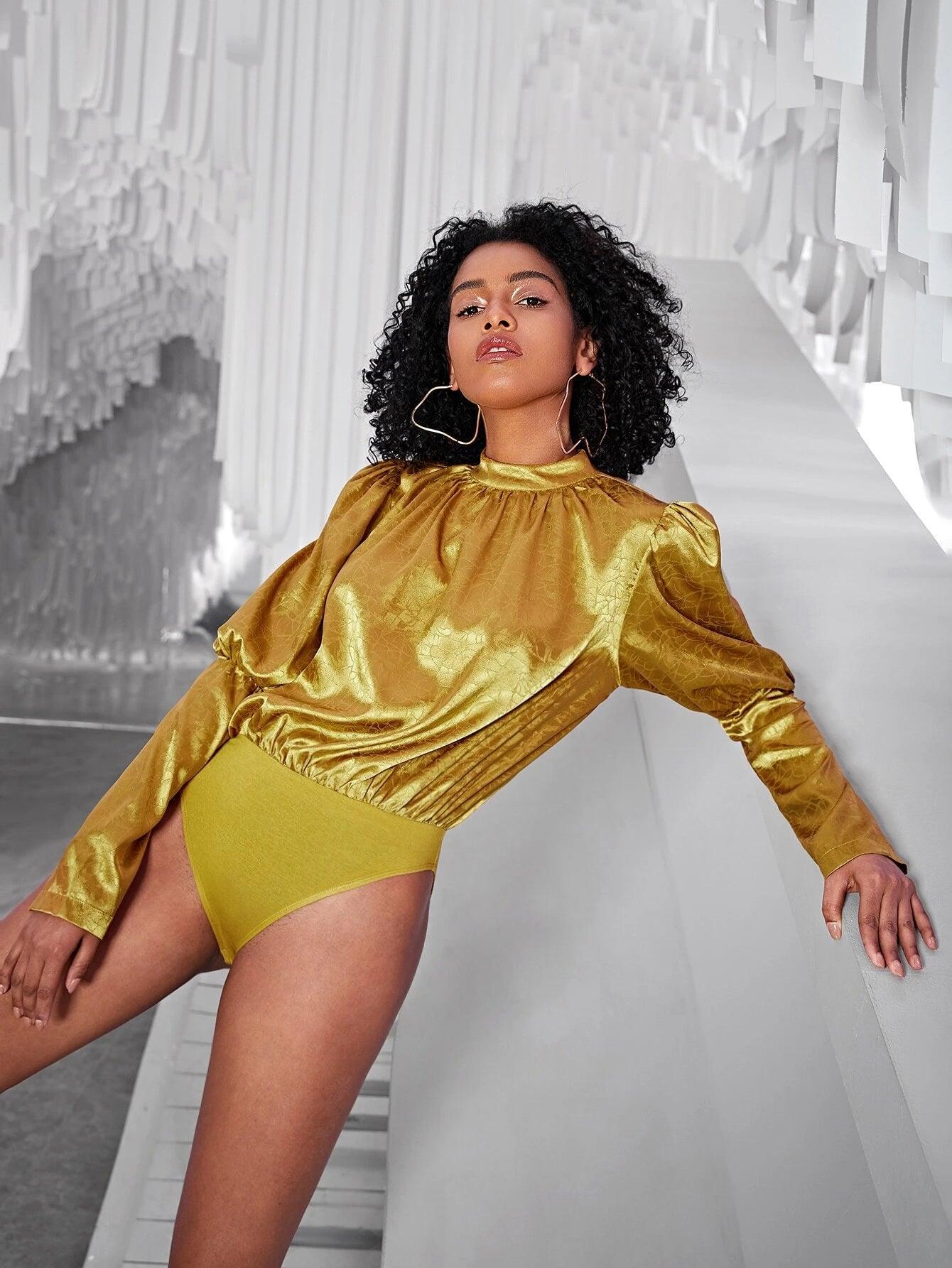 Jacquard Mock Neck Gigot Sleeve Satin Bodysuit-Comfy Jumpsuits