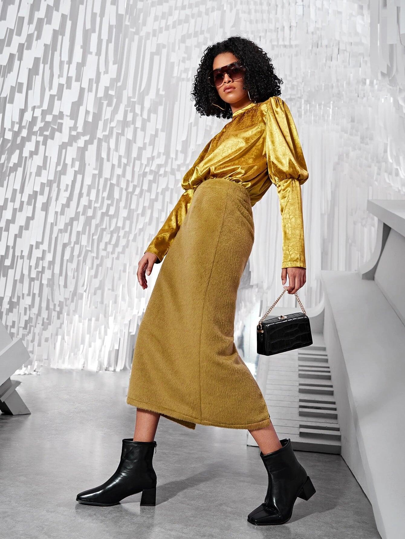 Jacquard Mock Neck Gigot Sleeve Satin Bodysuit-Comfy Jumpsuits