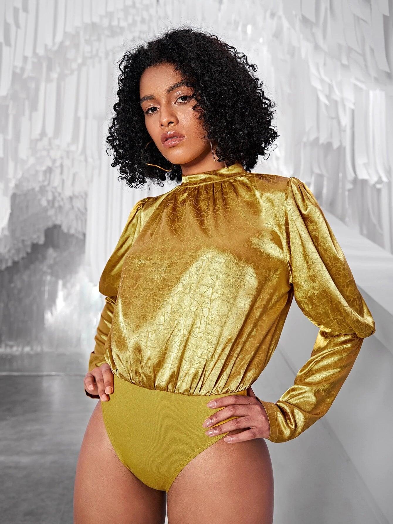 Jacquard Mock Neck Gigot Sleeve Satin Bodysuit-Comfy Jumpsuits