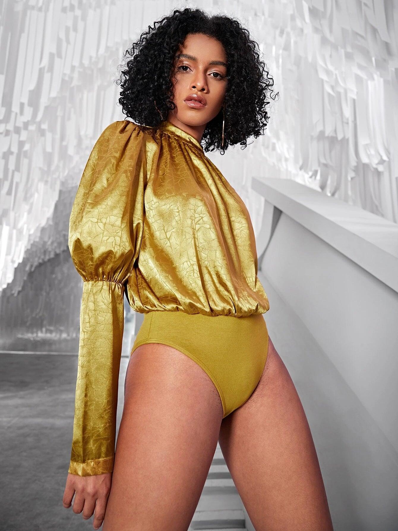 Jacquard Mock Neck Gigot Sleeve Satin Bodysuit-Comfy Jumpsuits