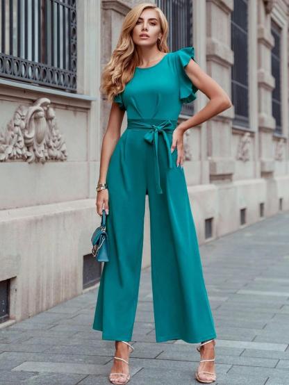 Trim Belted Wide Leg Jumpsuit-Comfy Jumpsuits