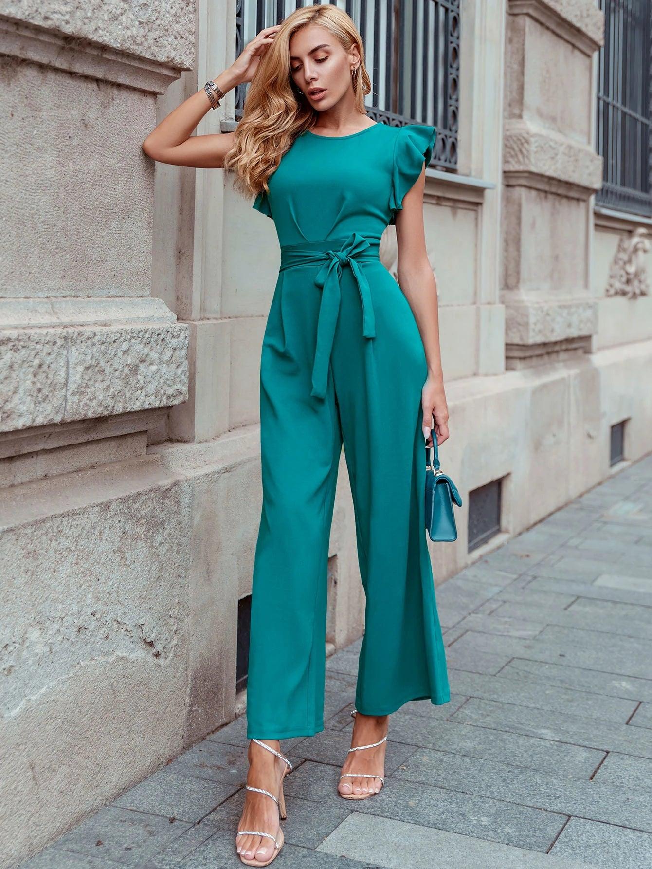 Trim Belted Wide Leg Jumpsuit-Comfy Jumpsuits