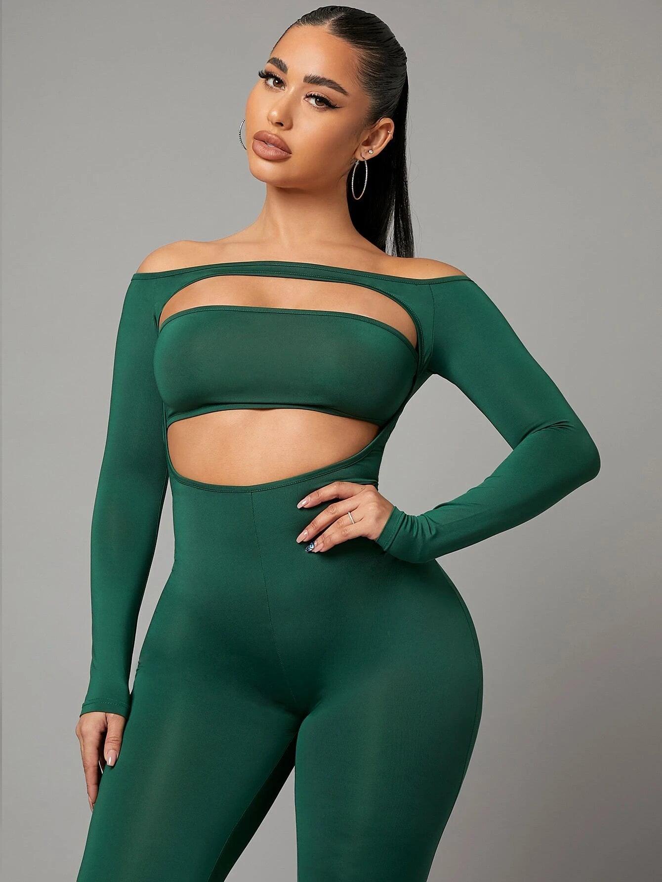 Off Shoulder Cut Out Front Unitard Jumpsuit-Comfy Jumpsuits