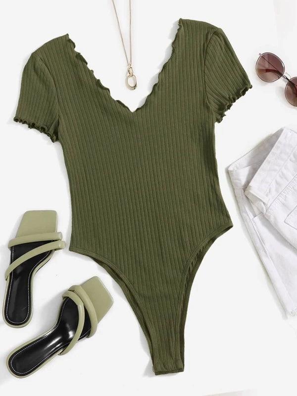 V Neck Lettuce Trim Ribbed Knit Bodysuit-Comfy Jumpsuits