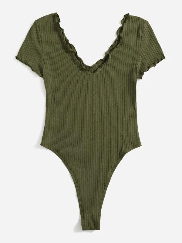 V Neck Lettuce Trim Ribbed Knit Bodysuit-Comfy Jumpsuits