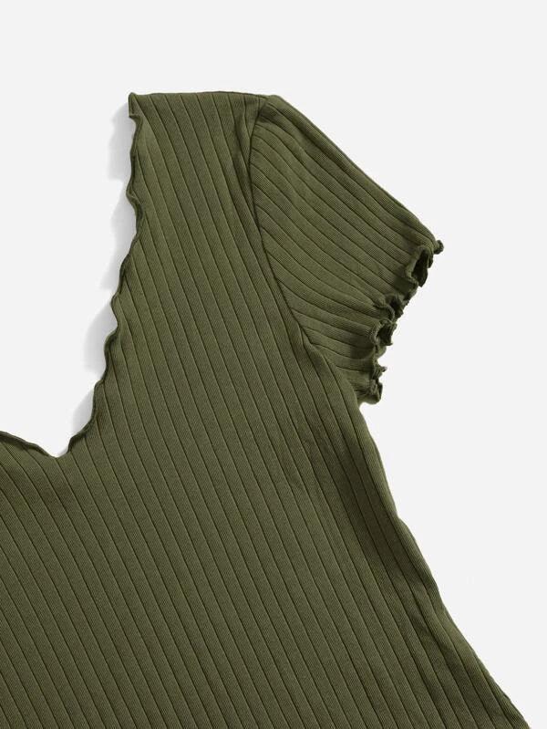 V Neck Lettuce Trim Ribbed Knit Bodysuit-Comfy Jumpsuits