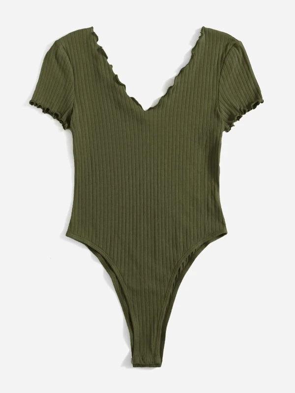 V Neck Lettuce Trim Ribbed Knit Bodysuit-Comfy Jumpsuits