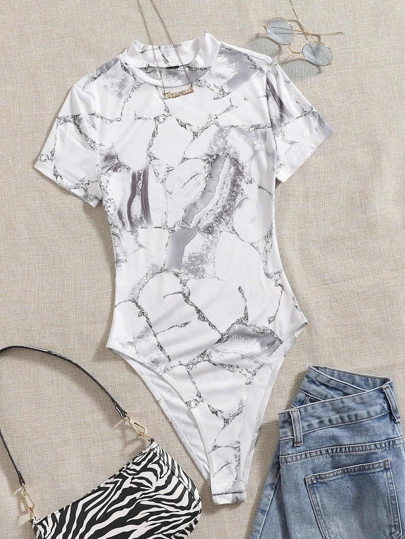 Marble Print Bodysuit-Comfy Jumpsuits