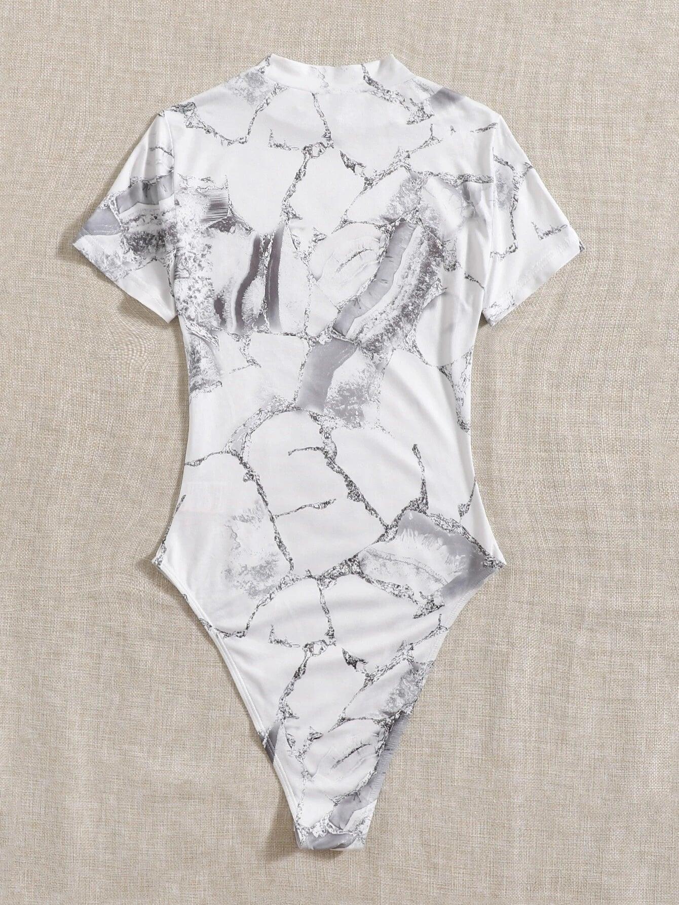 Marble Print Bodysuit-Comfy Jumpsuits