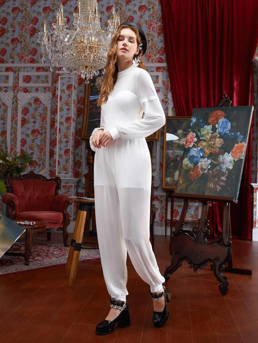 Stand Neck Lantern Sleeve High Waist Jumpsuit-Comfy Jumpsuits