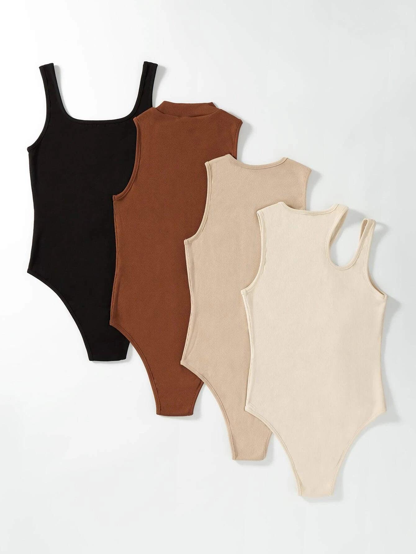 4 Pieces Solid Ribbed Knit Bodysuit-Comfy Jumpsuits