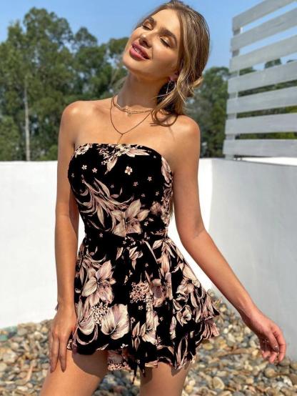Floral Print Belted Layered Hem Tube Romper-Comfy Jumpsuits