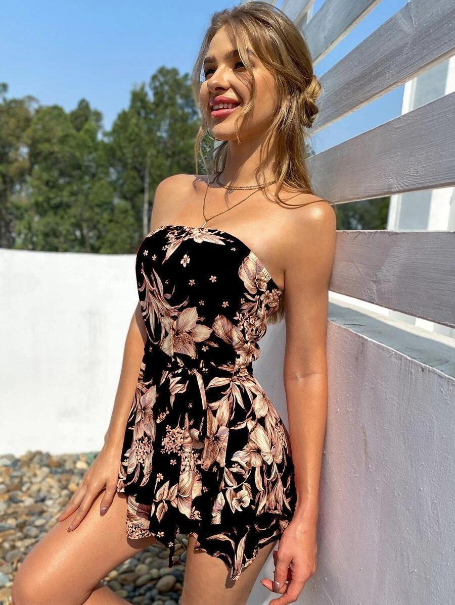 Floral Print Belted Layered Hem Tube Romper-Comfy Jumpsuits