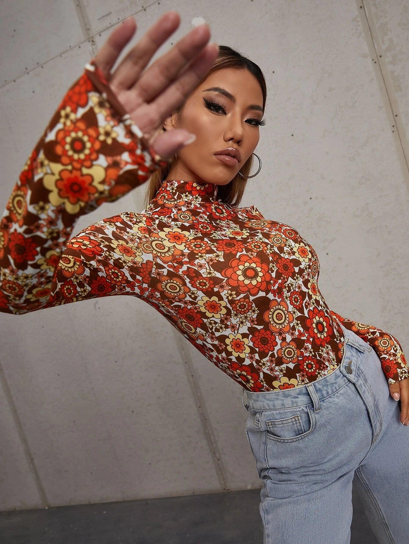 Allover Floral Print Stand Neck Bodysuit-Comfy Jumpsuits