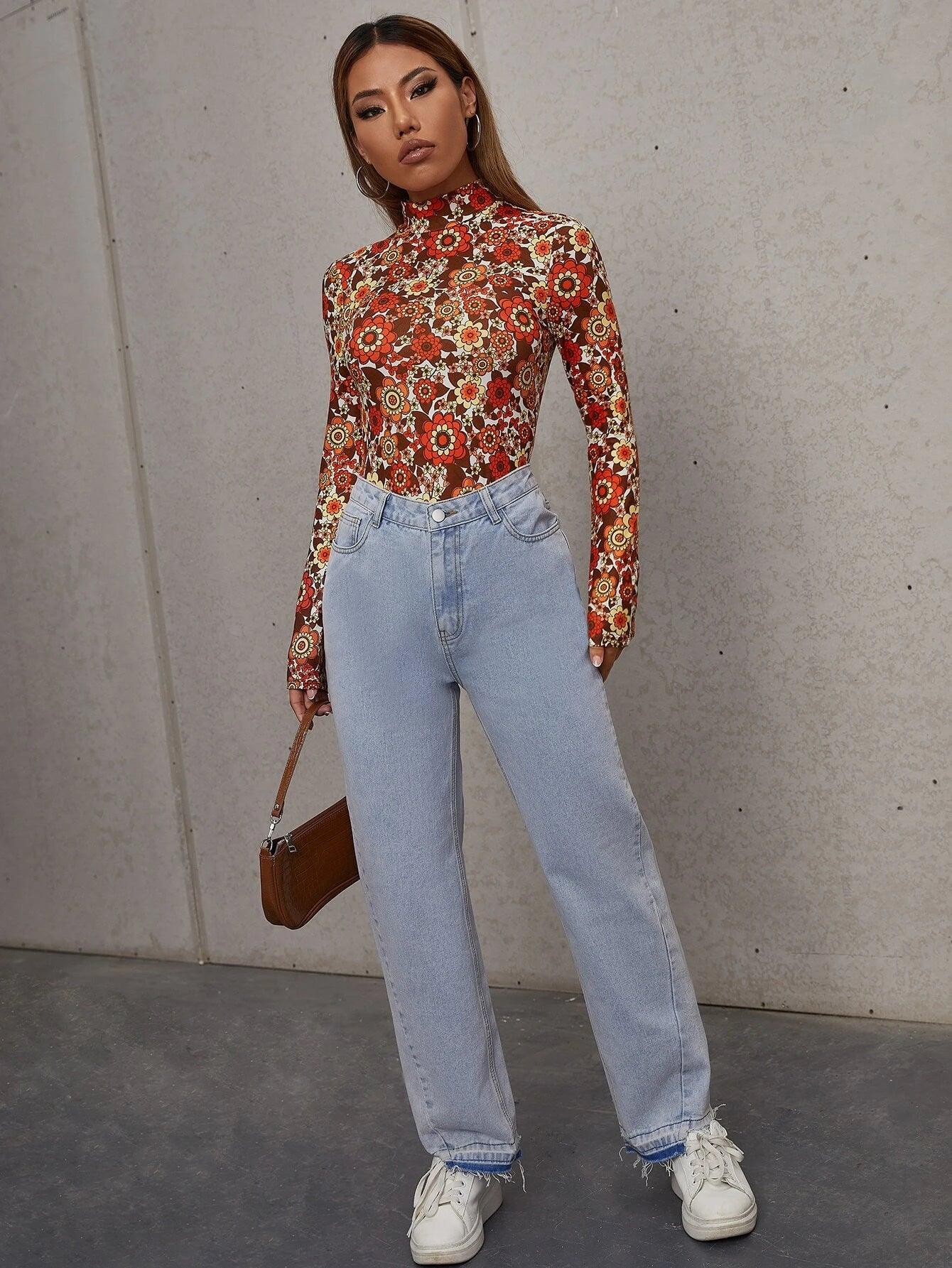 Allover Floral Print Stand Neck Bodysuit-Comfy Jumpsuits