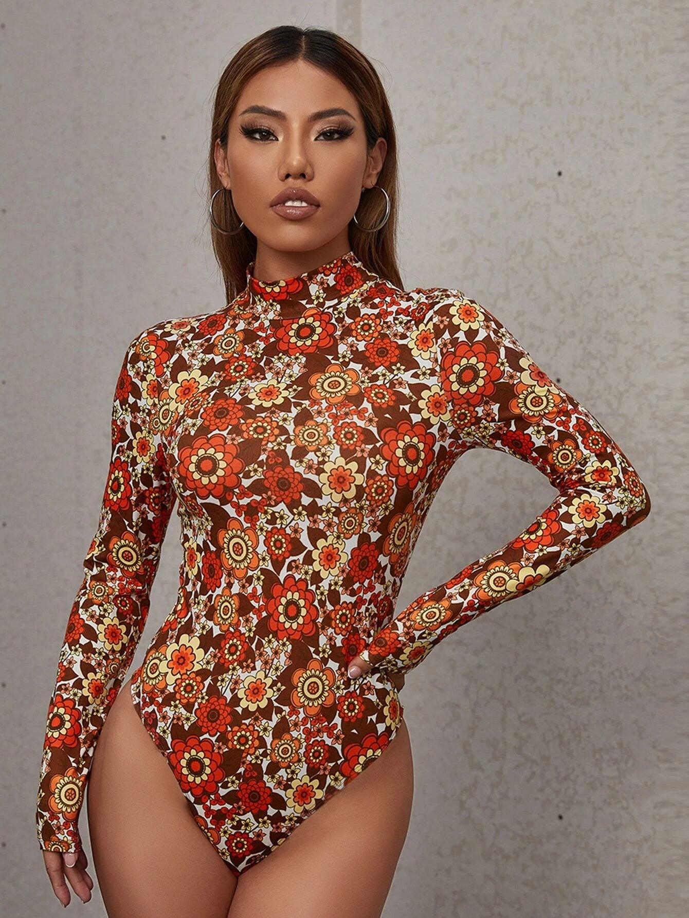 Allover Floral Print Stand Neck Bodysuit-Comfy Jumpsuits