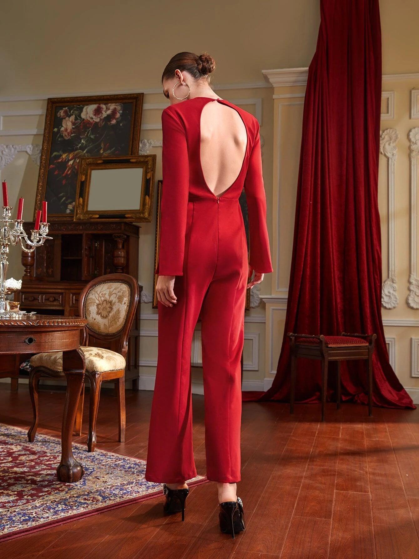 Long Sleeve Backless Jumpsuit-Comfy Jumpsuits