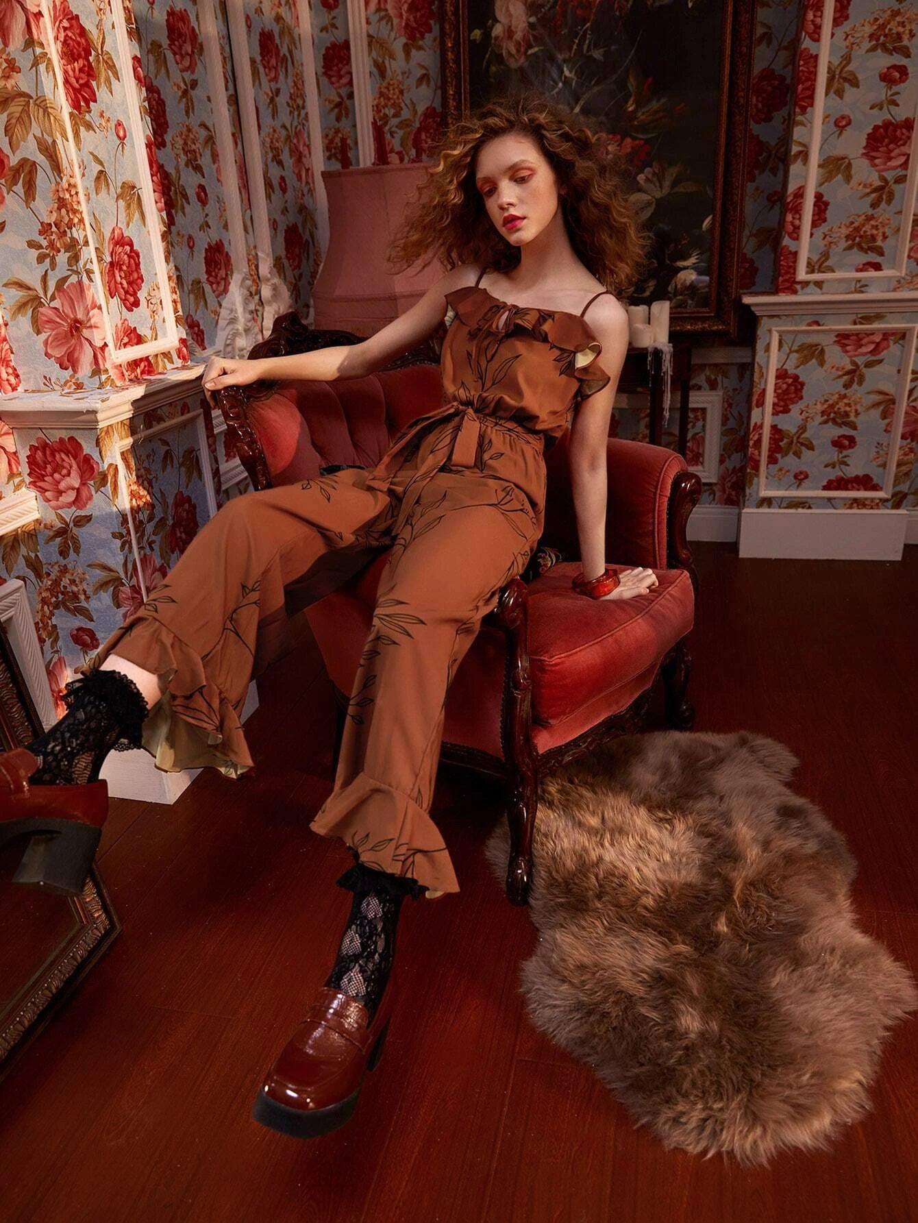 Trim Tie Front Belted Cami Jumpsuit-Comfy Jumpsuits