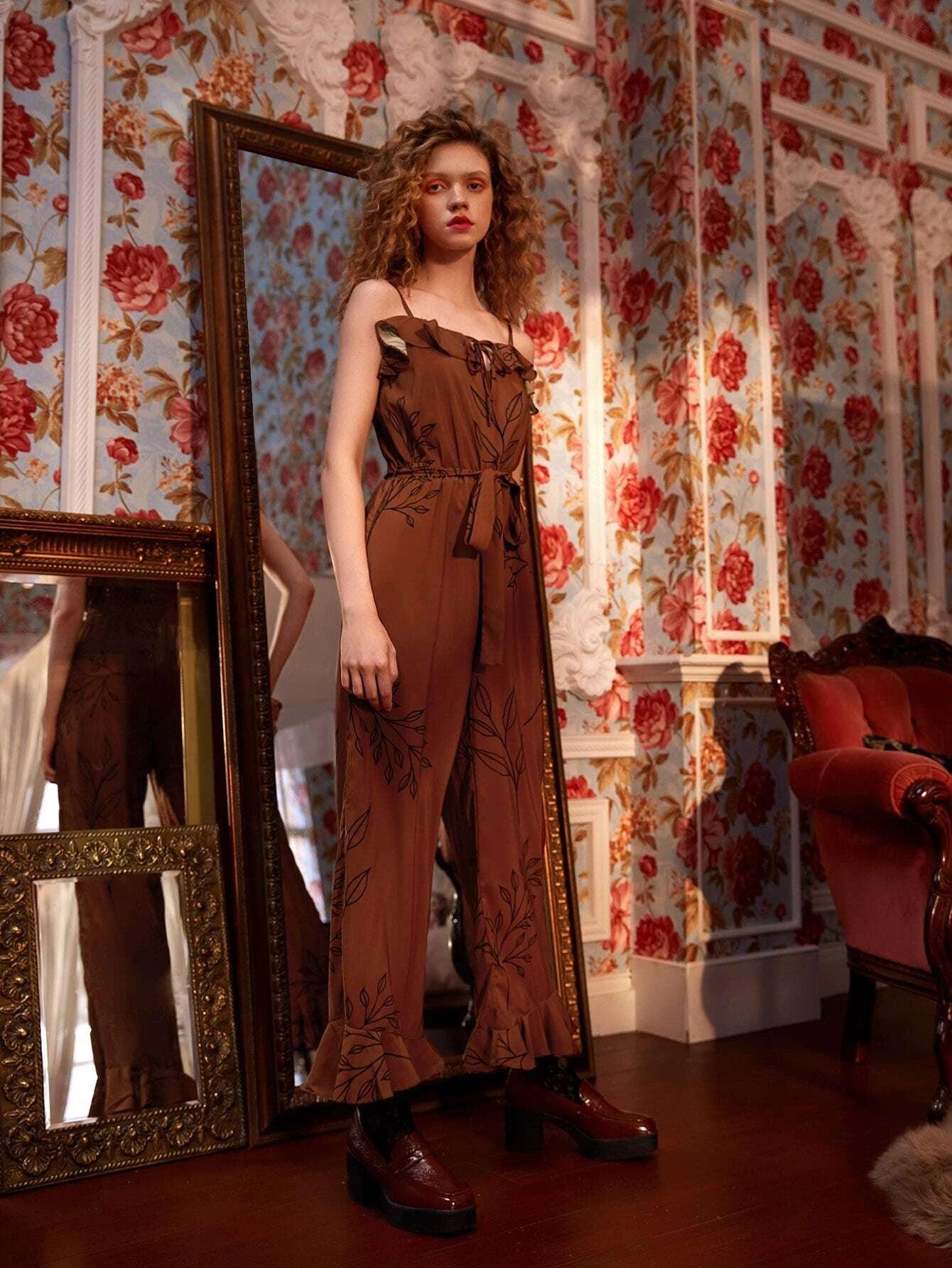 Trim Tie Front Belted Cami Jumpsuit-Comfy Jumpsuits