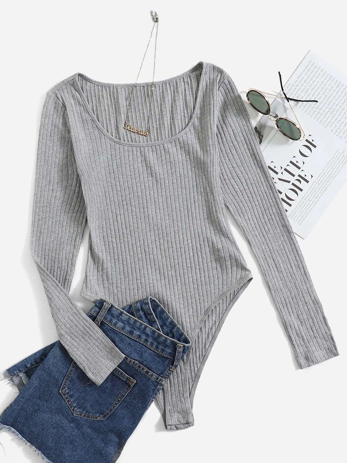 Ribbed Knit Bodysuit-Comfy Jumpsuits