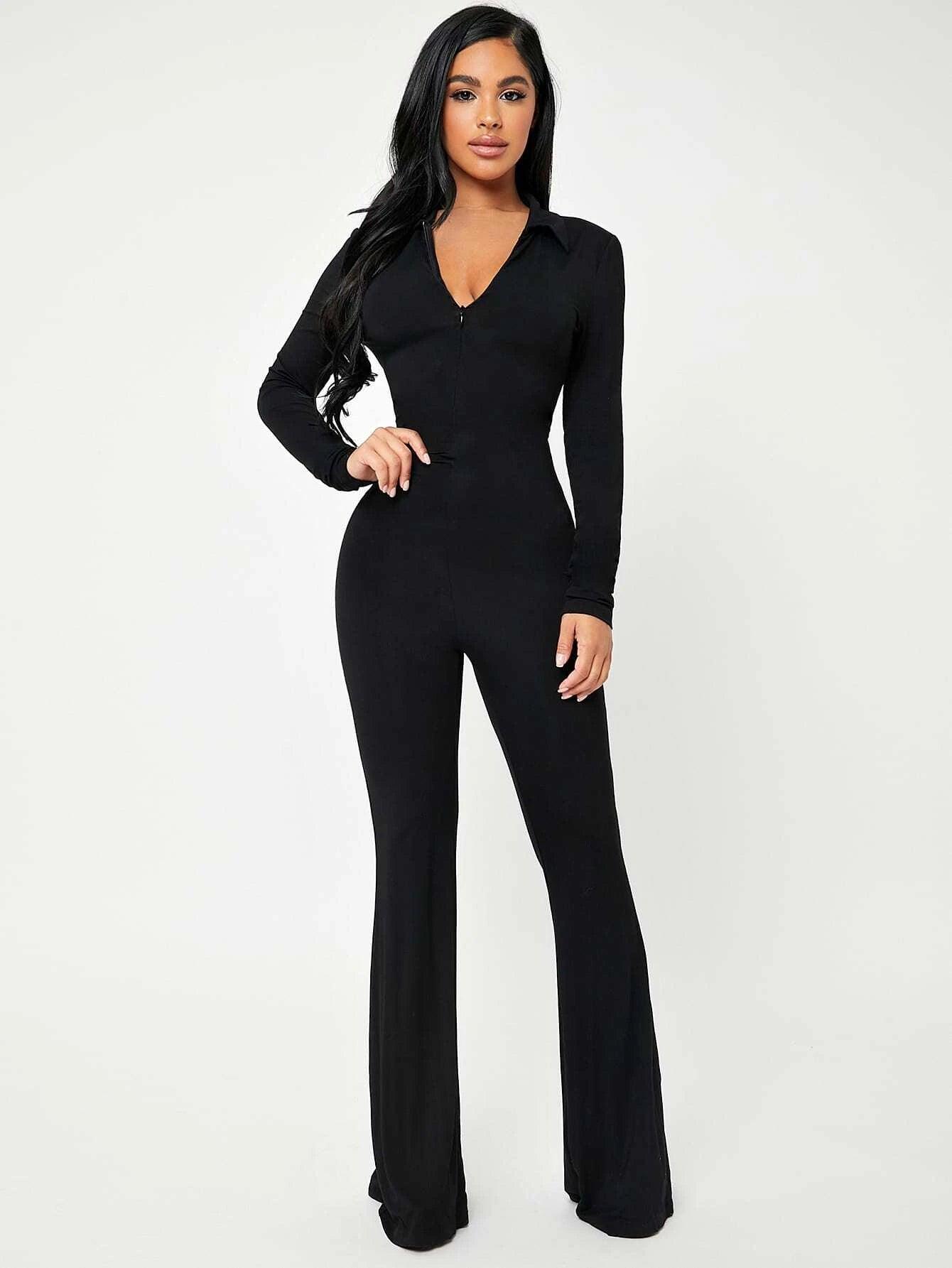 Solid Zip Up V-neck Jumpsuit-Comfy Jumpsuits