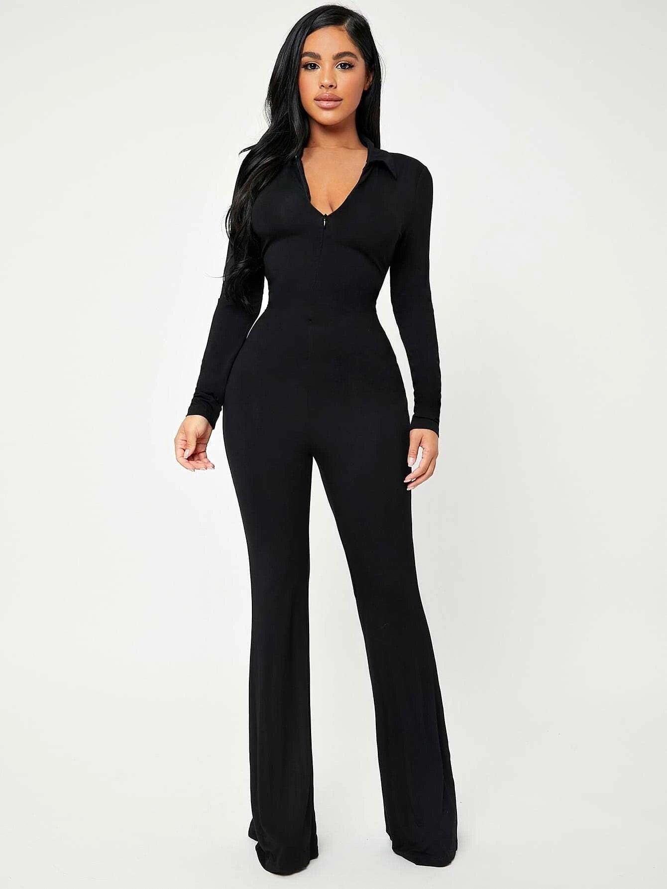 Solid Zip Up V-neck Jumpsuit-Comfy Jumpsuits