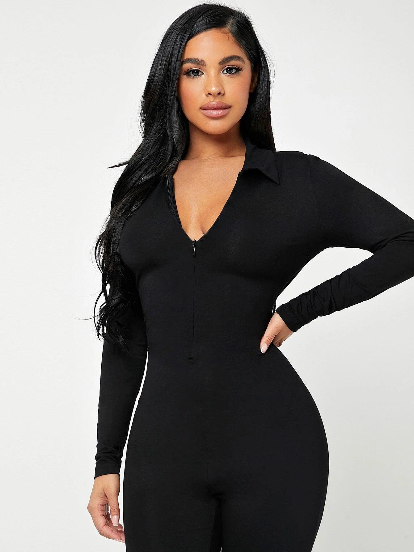 Solid Zip Up V-neck Jumpsuit-Comfy Jumpsuits