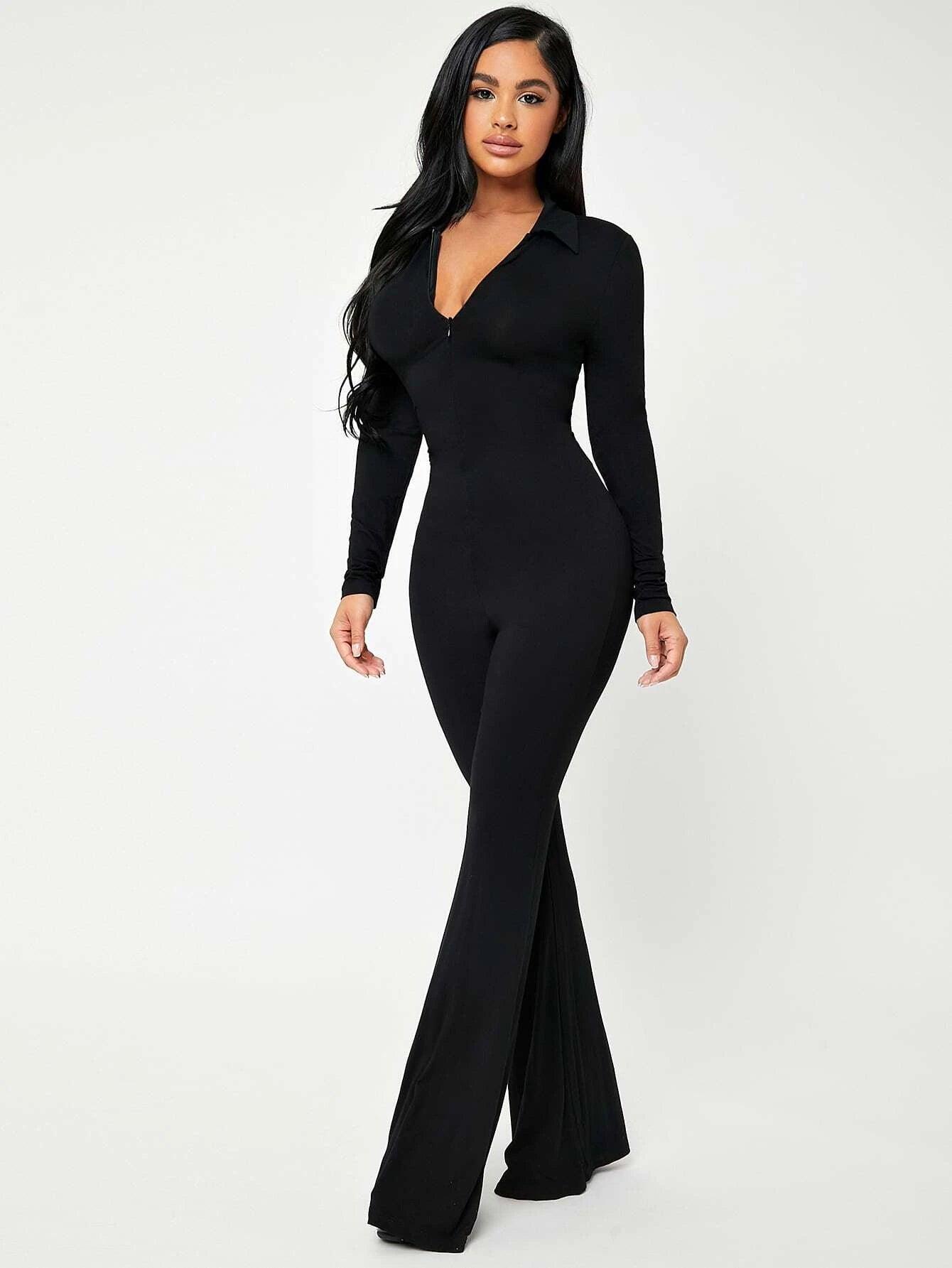 Solid Zip Up V-neck Jumpsuit-Comfy Jumpsuits