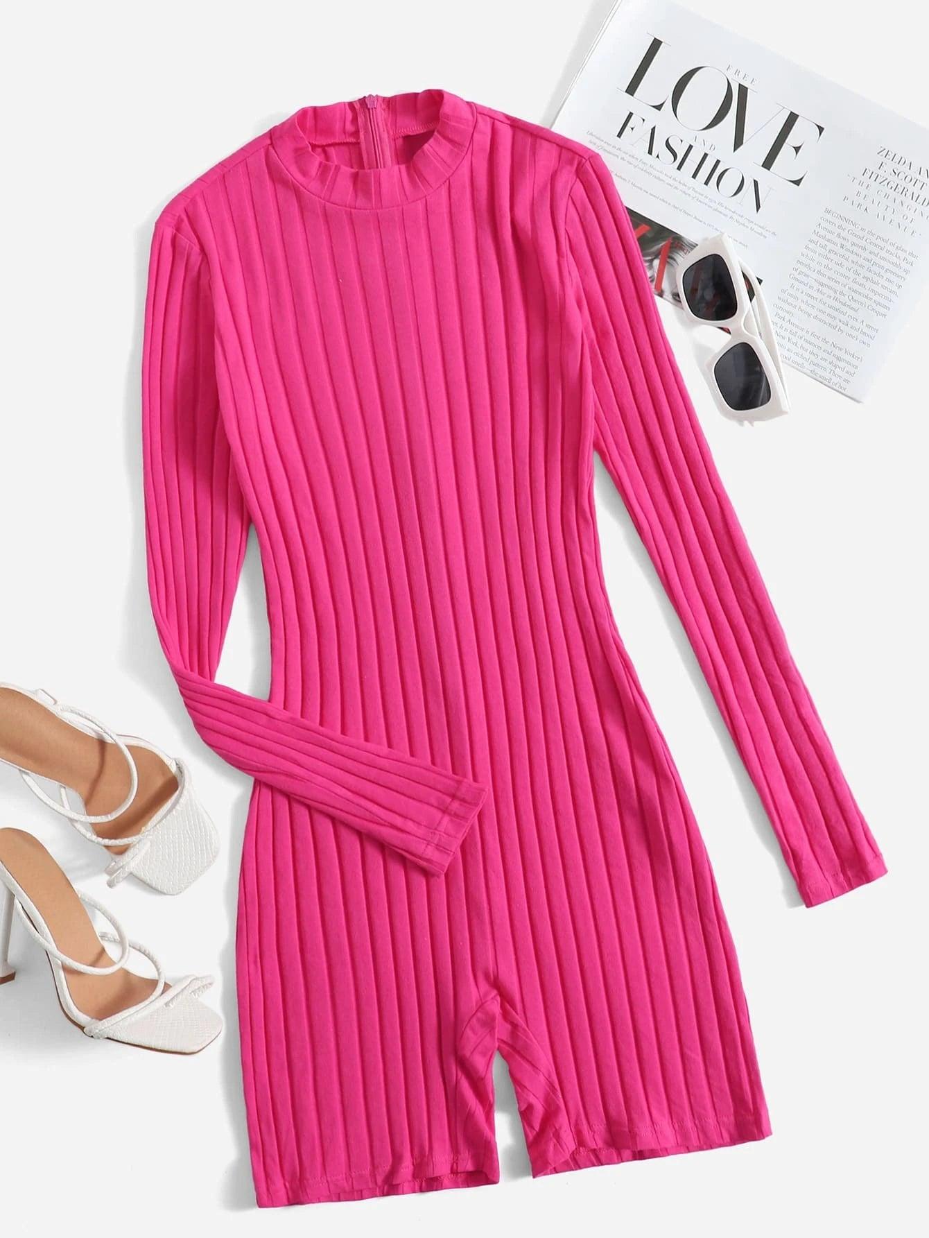 Mock Neck Ribbed Knit Romper-Comfy Jumpsuits