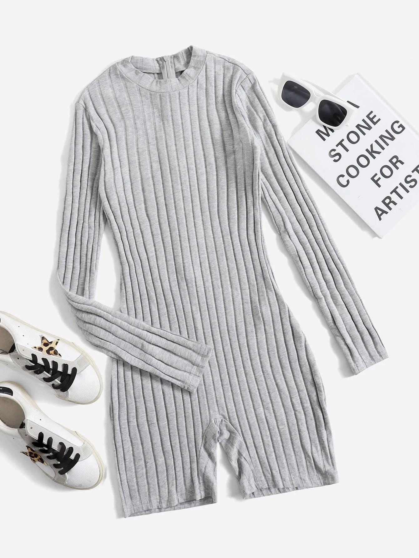 Mock Neck Ribbed Knit Romper-Comfy Jumpsuits
