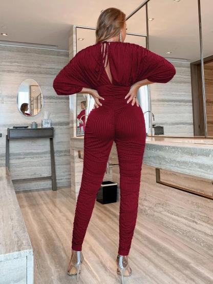 Tie Back Batwing Sleeve Jumpsuit-Comfy Jumpsuits