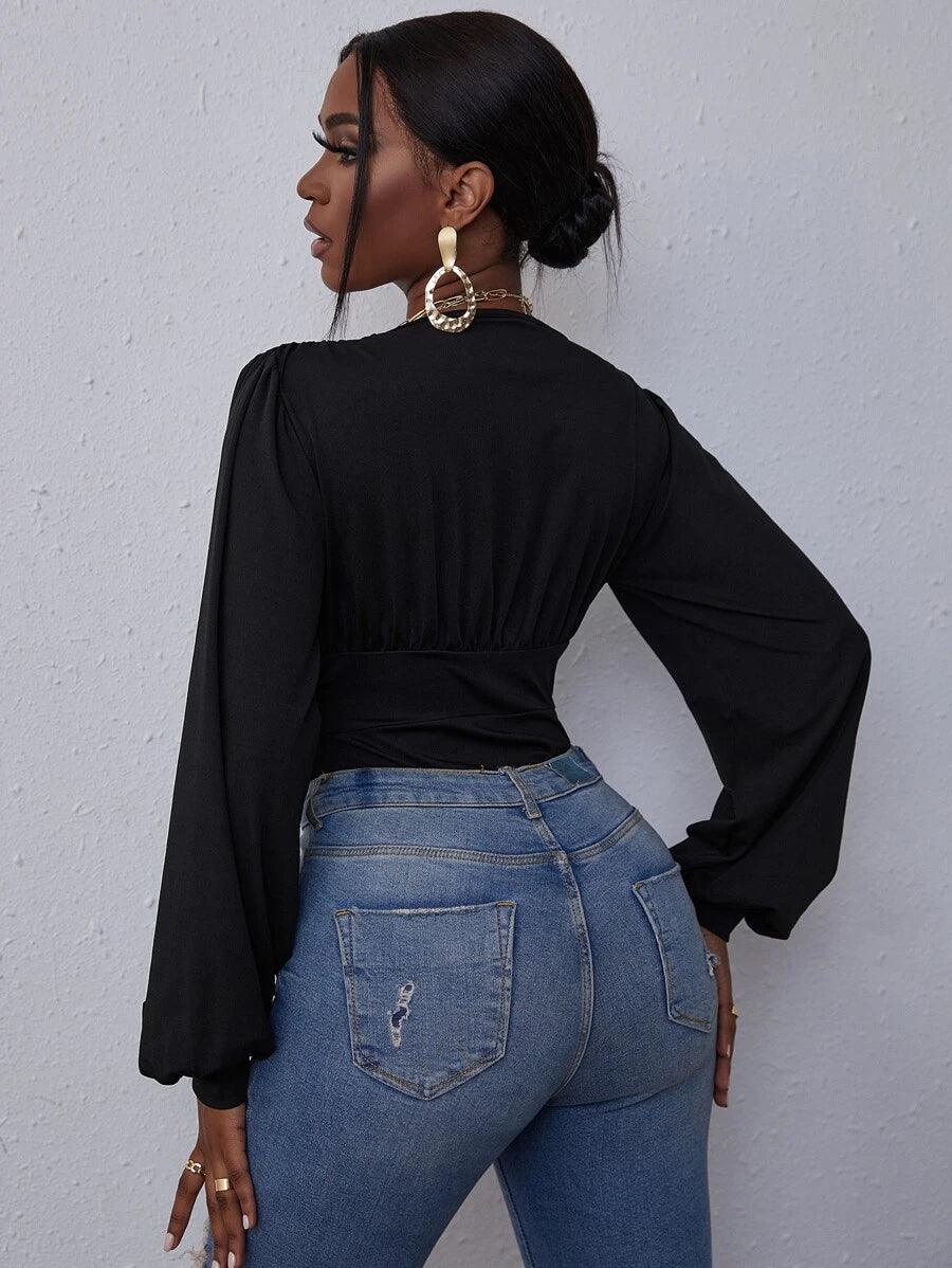 Deep V Neck Lantern Long Sleeve Bodysuit-Comfy Jumpsuits