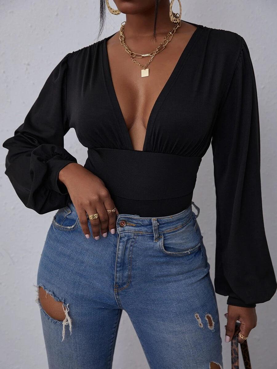 Deep V Neck Lantern Long Sleeve Bodysuit-Comfy Jumpsuits