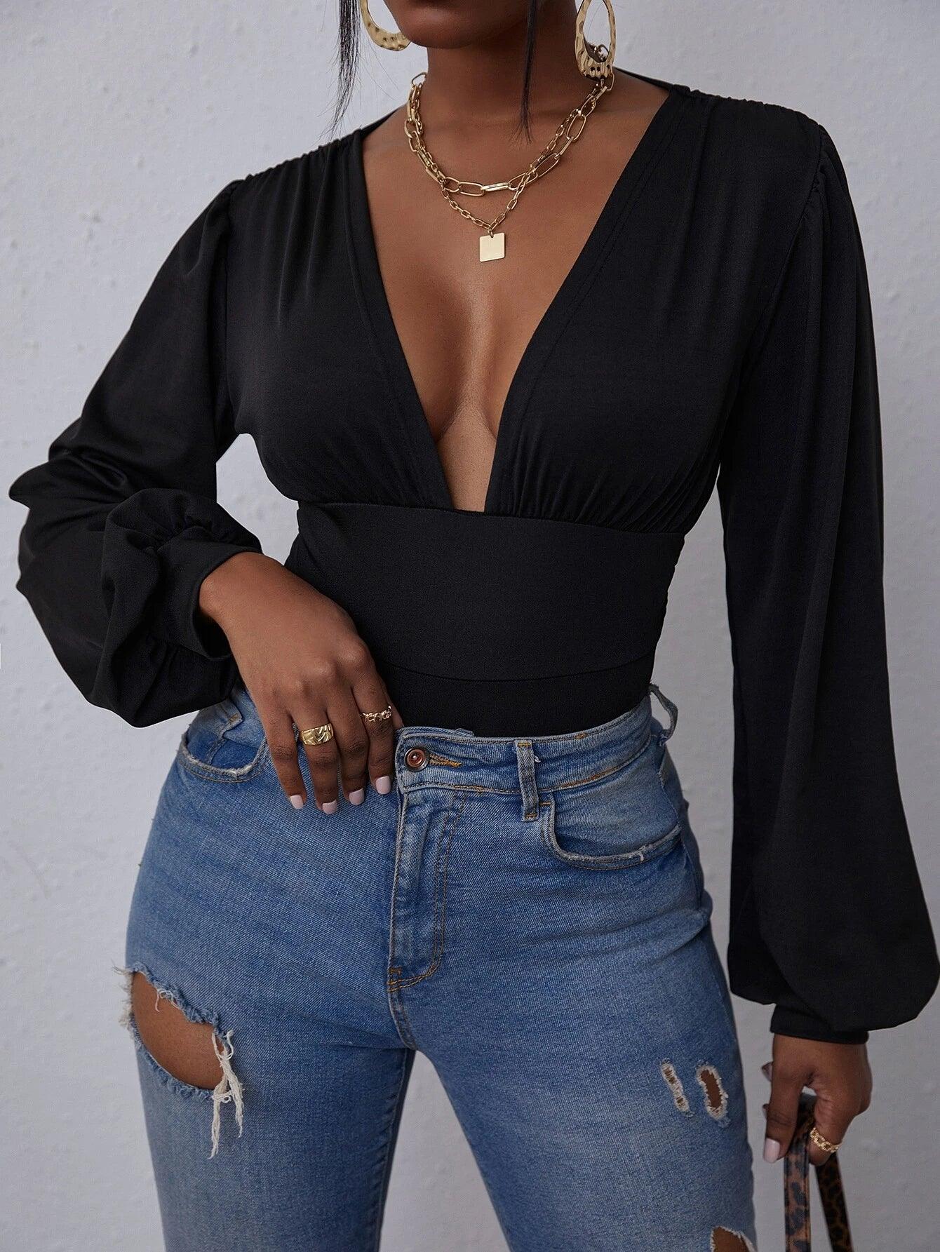 Deep V Neck Lantern Sleeve Bodysuit-Comfy Jumpsuits