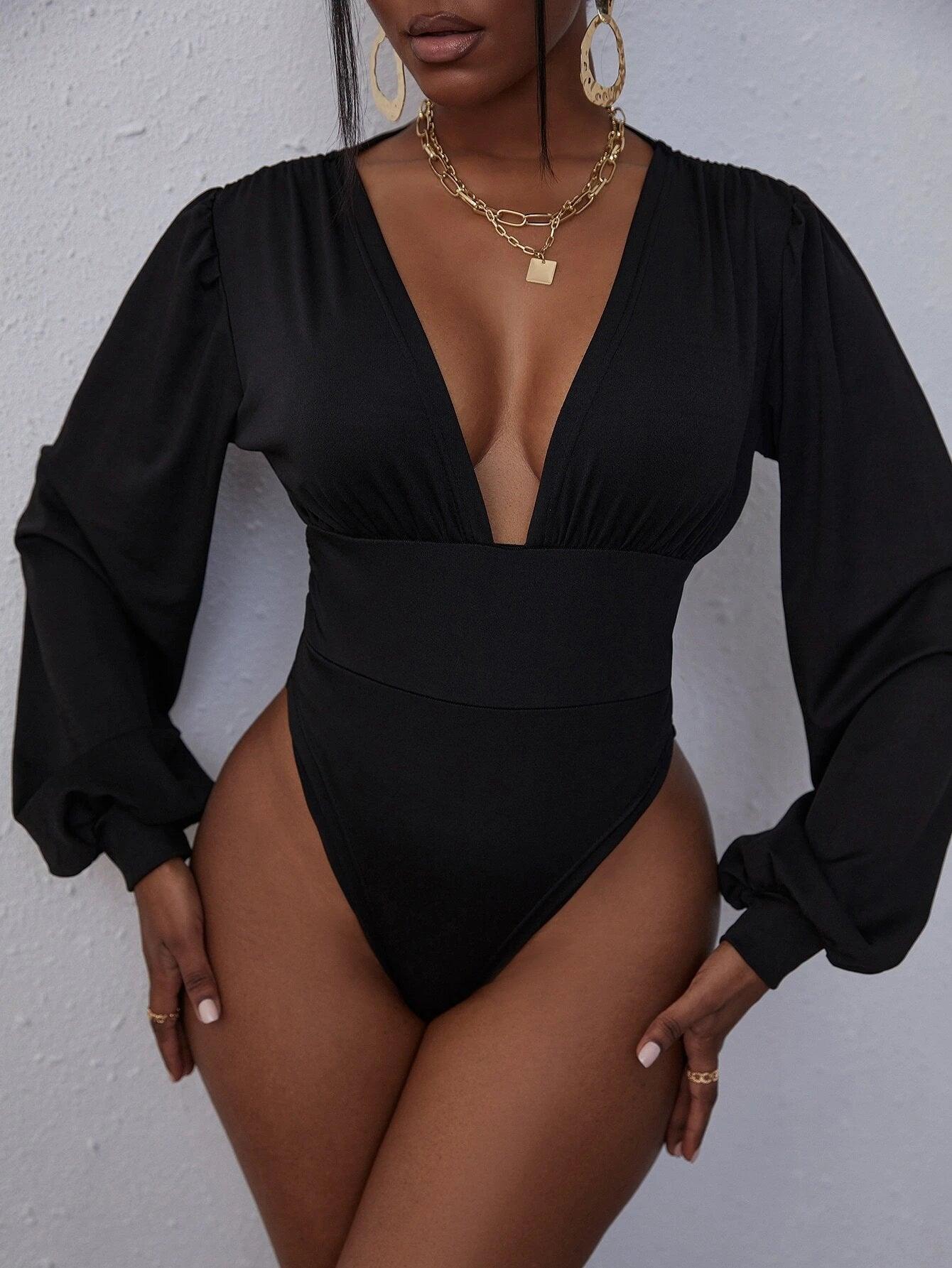 Deep V Neck Lantern Long Sleeve Bodysuit-Comfy Jumpsuits