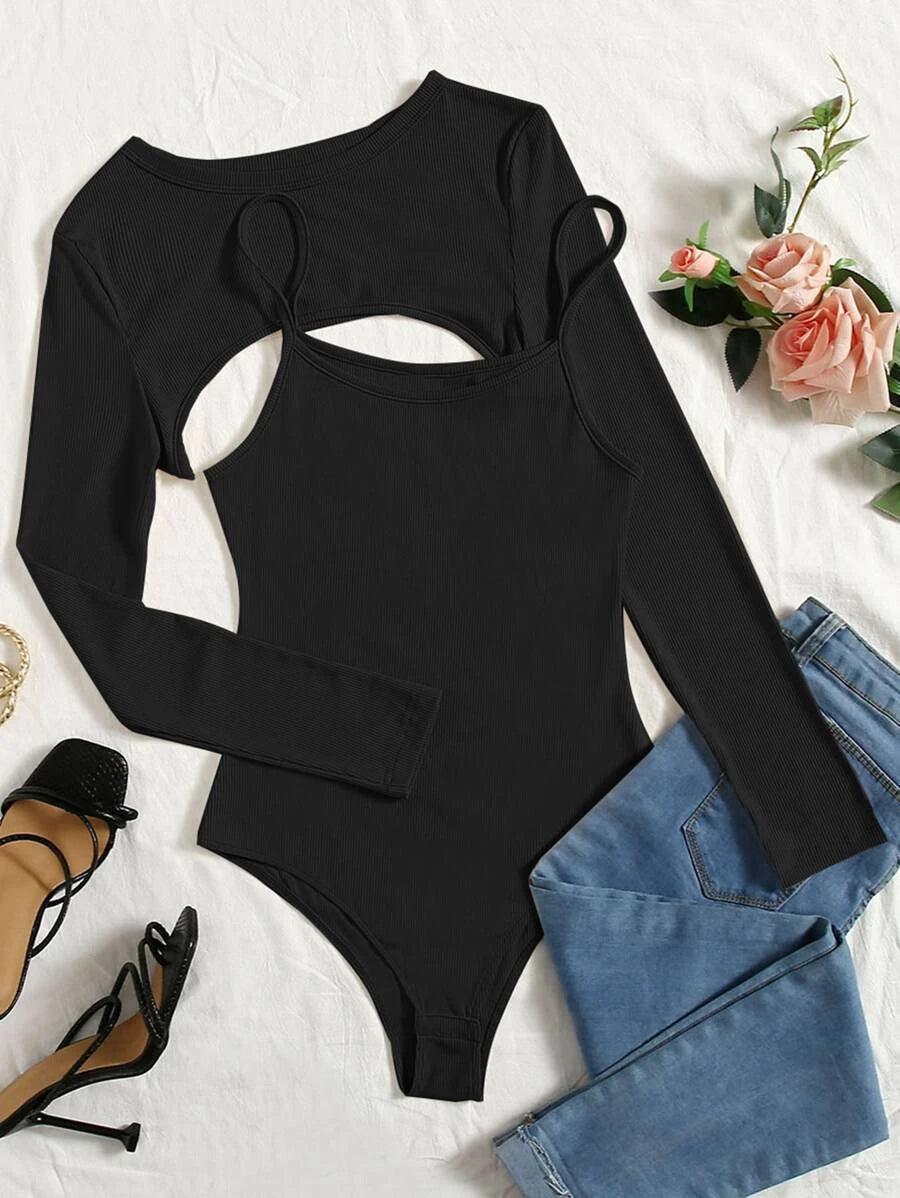 Ribbed Knit Super Crop Top & Cami Bodysuit-Comfy Jumpsuits