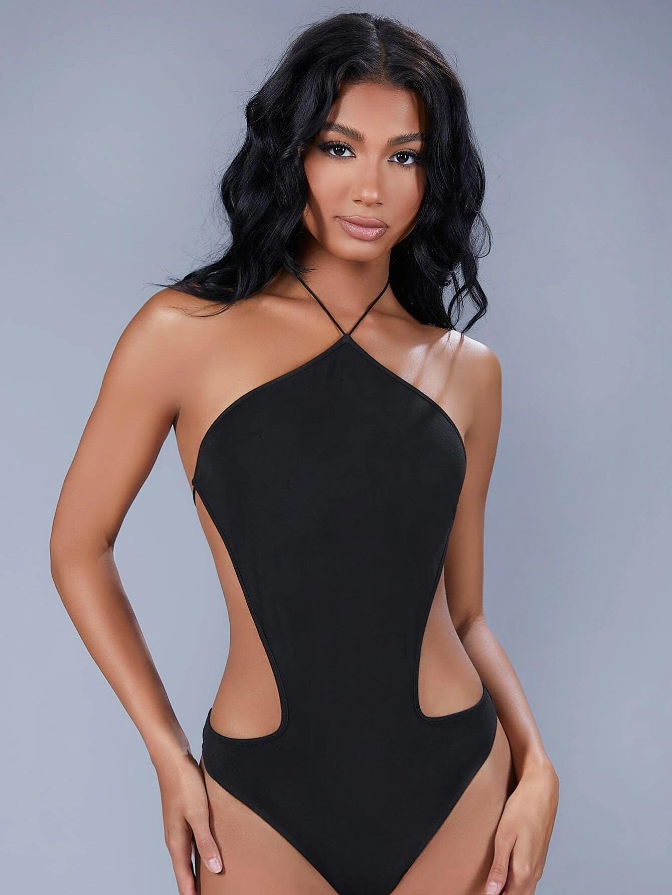 Cut Out Tie Backless Halter Bodysuit-Comfy Jumpsuits