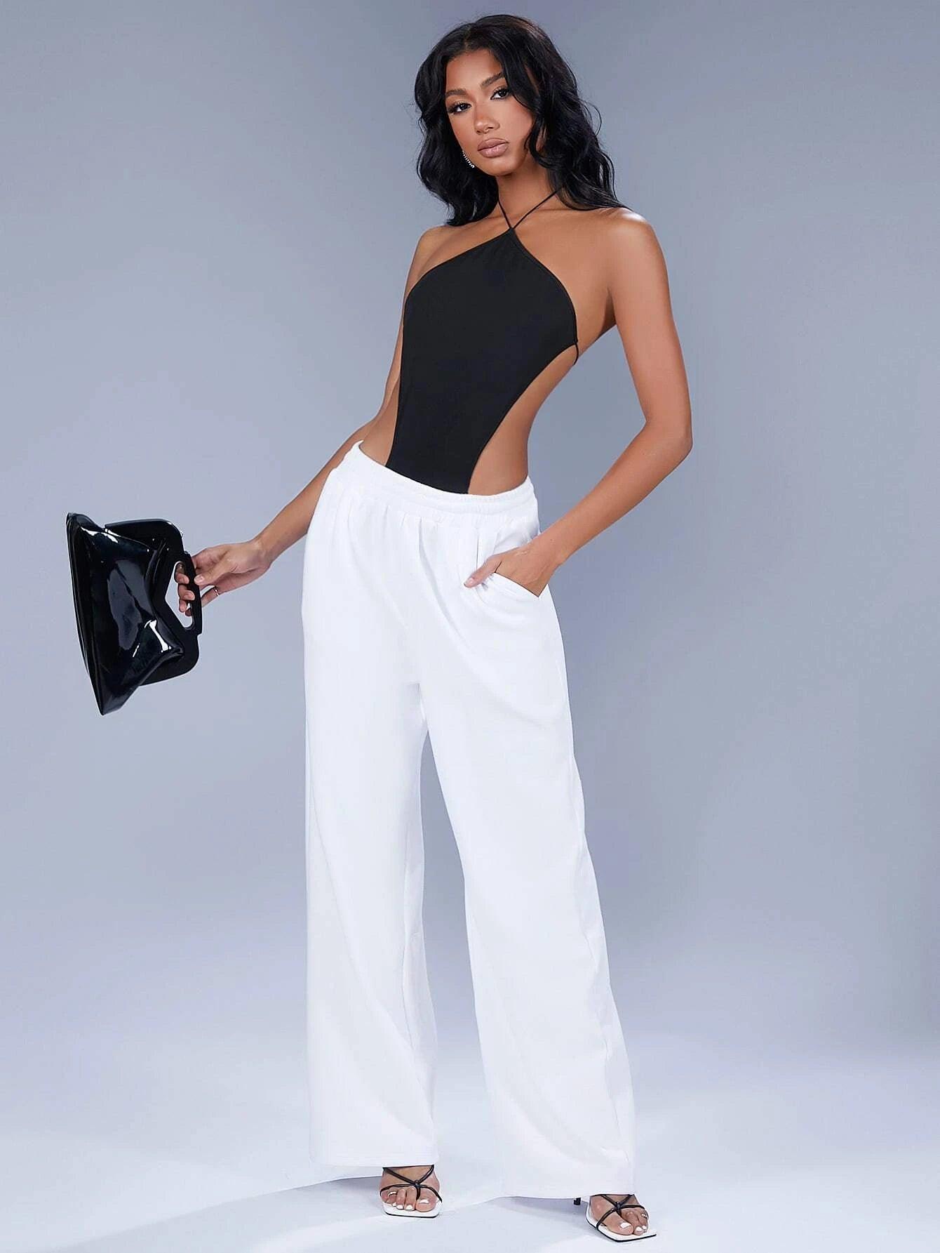 Cut Out Tie Backless Halter Bodysuit-Comfy Jumpsuits