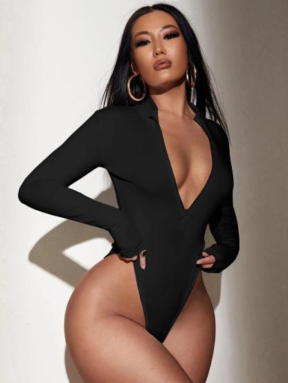High Cut Zipper Bodysuit-Comfy Jumpsuits
