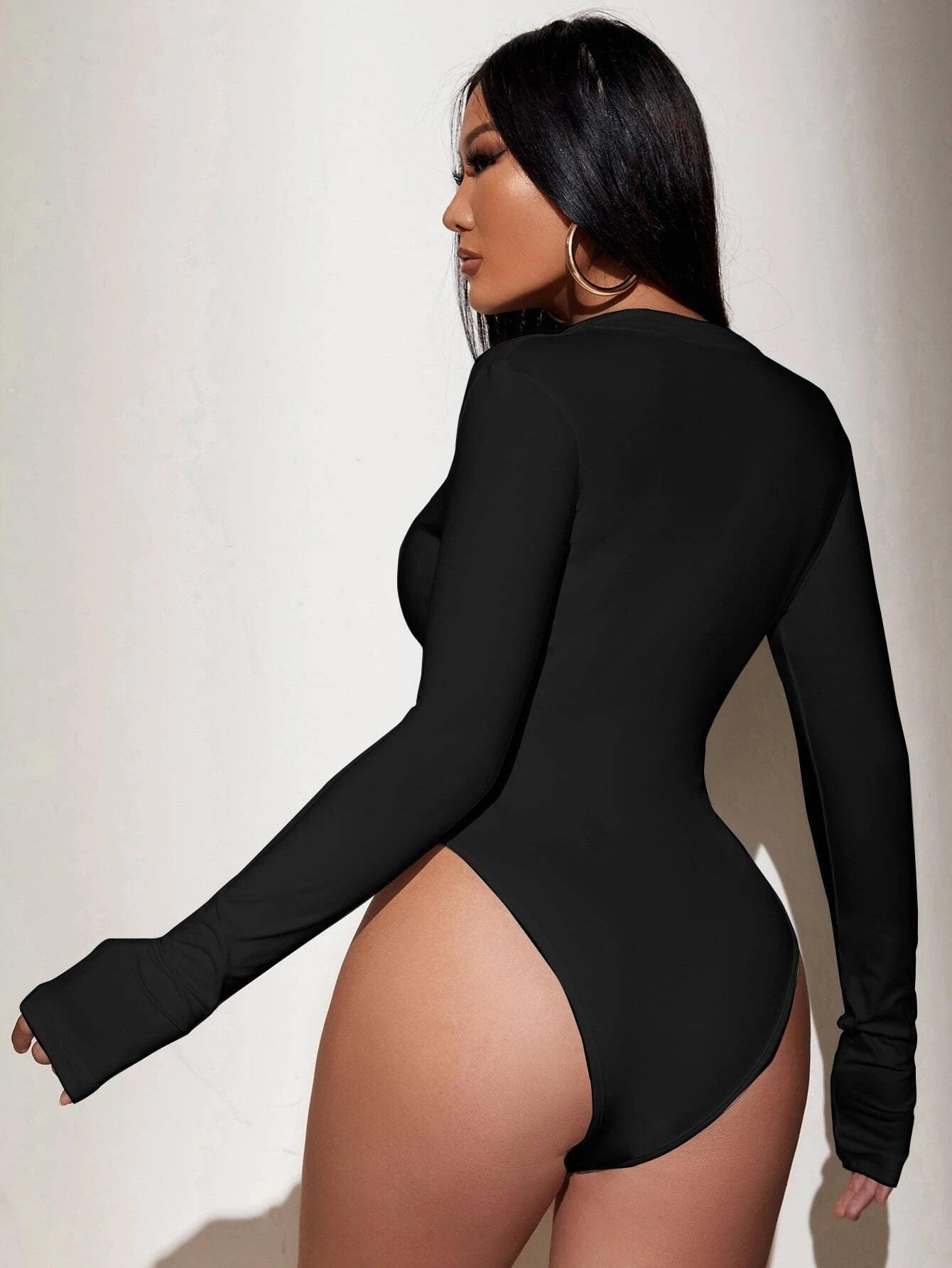 High Cut Zipper Bodysuit-Comfy Jumpsuits