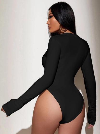 High Cut Zipper Bodysuit-Comfy Jumpsuits