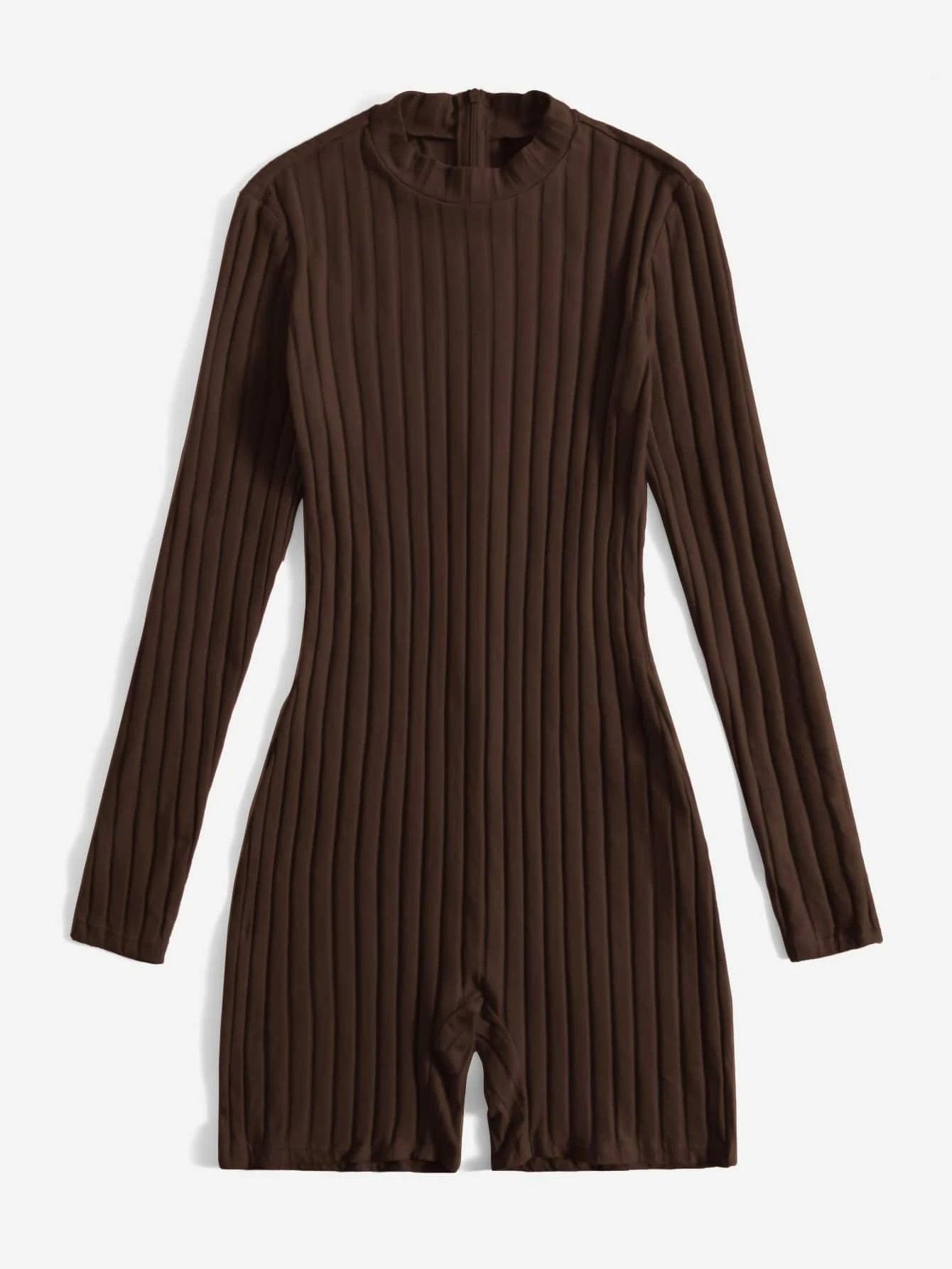 Mock Neck Ribbed Knit Romper-Comfy Jumpsuits