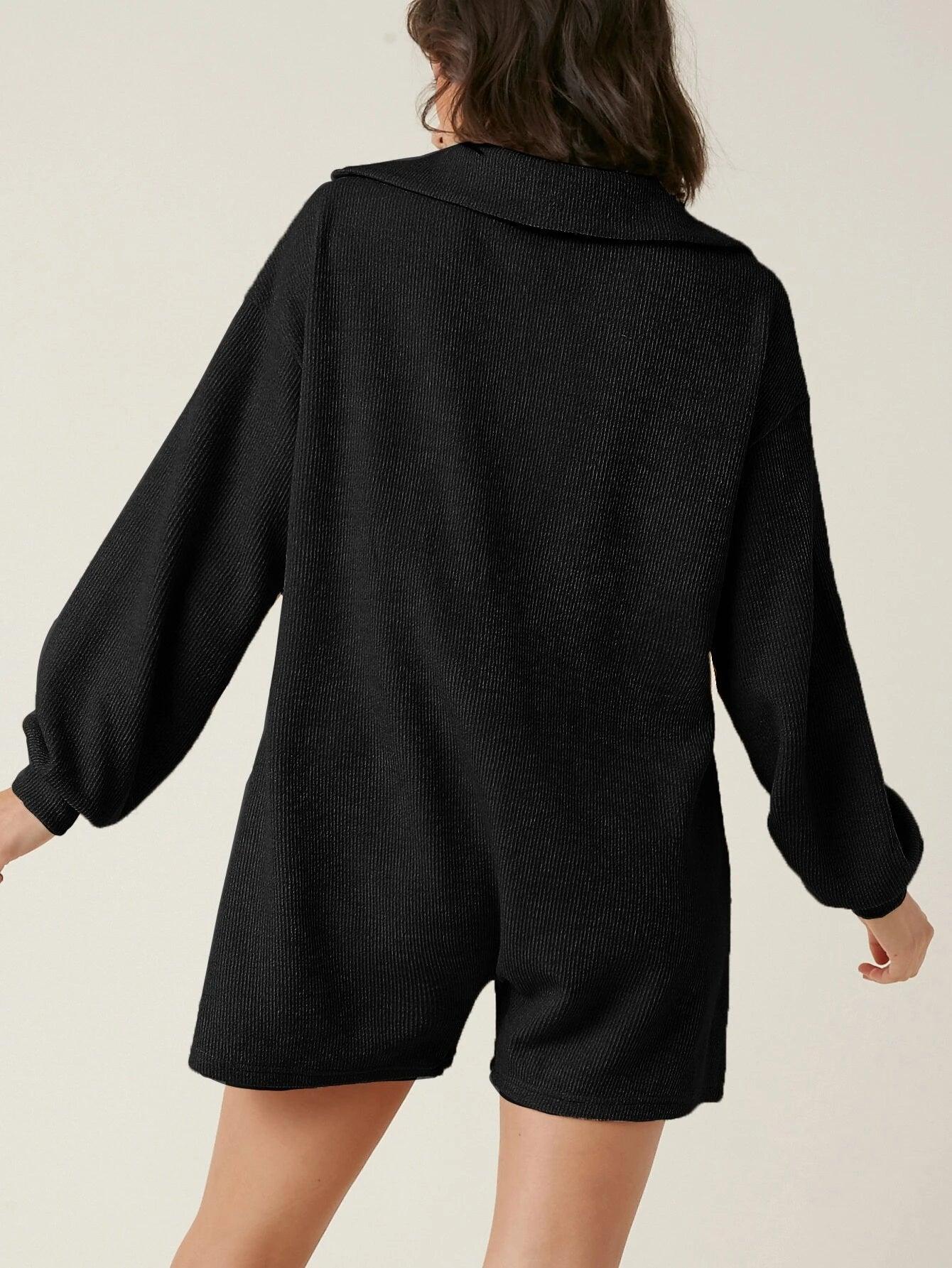 Sleeve Pocket Front Button Half Placket Romper-Comfy Jumpsuits